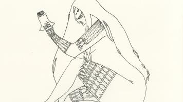 Images of a drawing of an tattooed Inuit woman holding a comb.