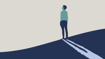 Illustrated image of man standing on hill