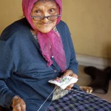 Eighty-one-year-old Marie Charlo creates artistic beadwork in 1971.