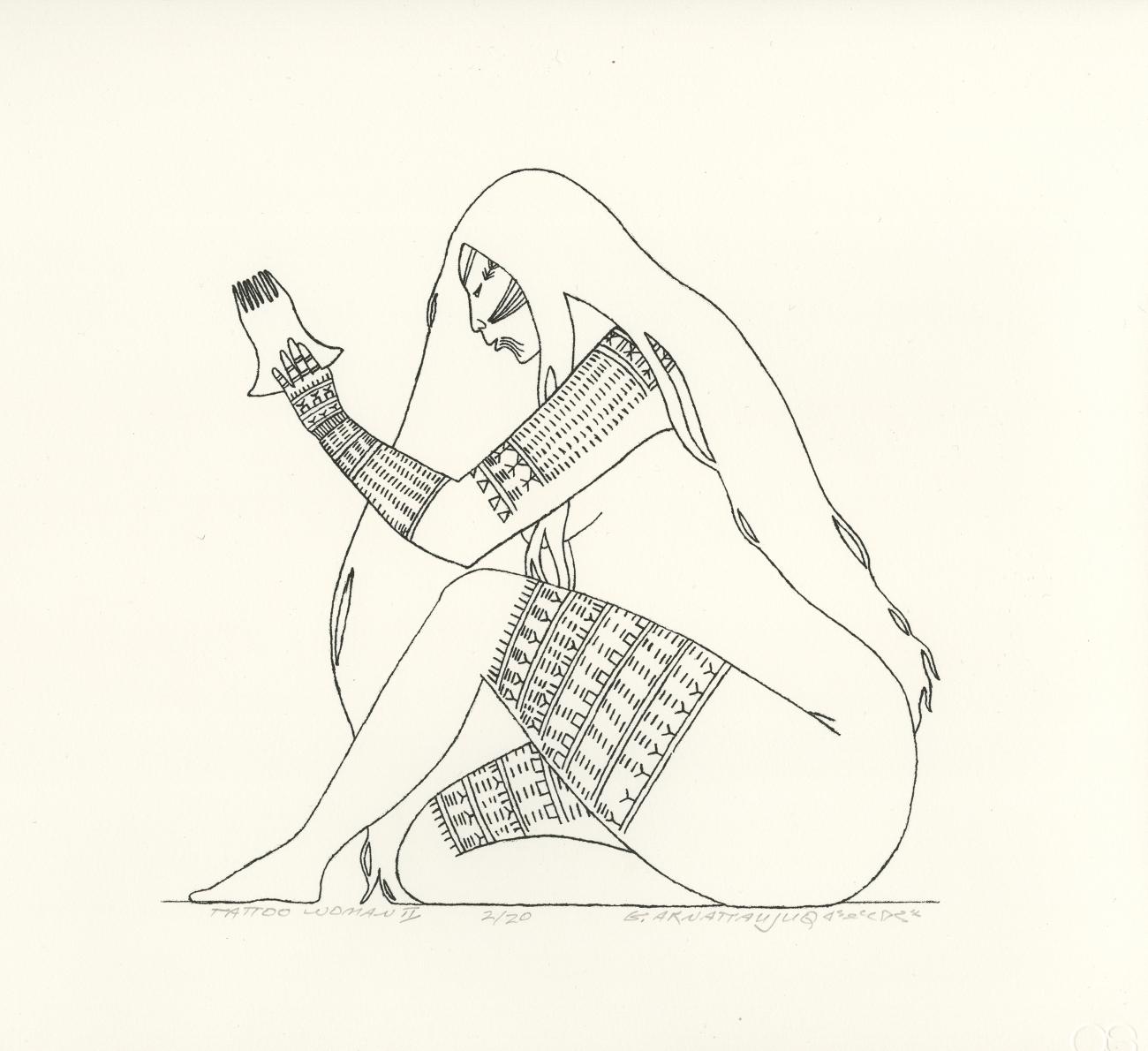 Images of a drawing of an tattooed Inuit woman holding a comb.